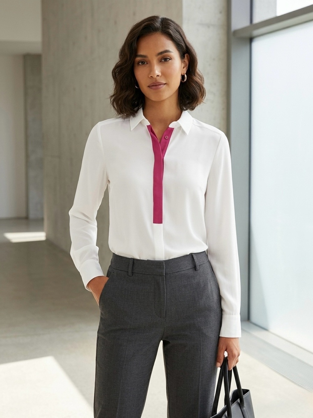 RW&CO. Long Sleeve Blouse White Shirt with Magenta Placket S